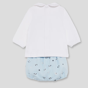Conjunto bebé niño camiseta crudo con perrito y braguita azul de huellitas, cierre trasero de botones | Color: Blanco roto | Street Monkey