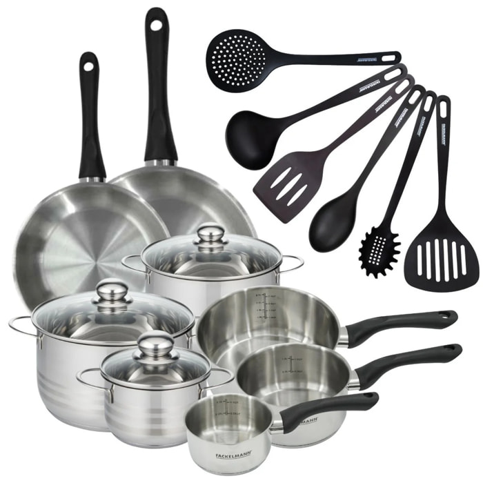 Set 2 poêles 24 28 cm 3 casseroles 12 16 20 cm, 3 faitouts 16, 20 et 24 cm en inox et 6 ustensiles RPET Fackelmann Geneva