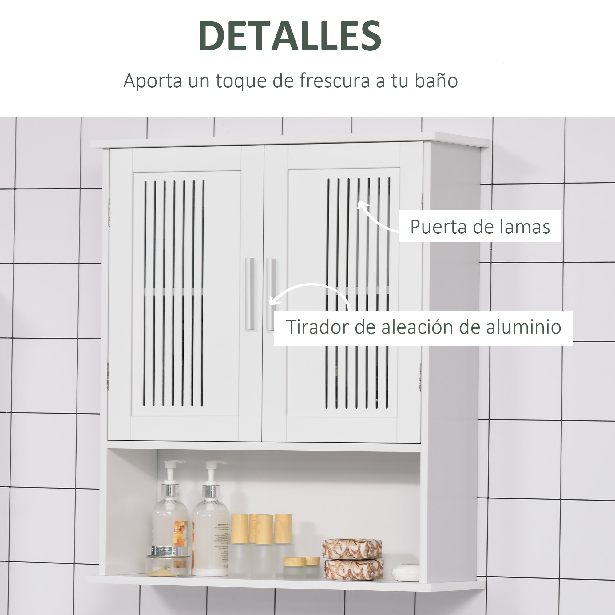 Armario de Pared para Baño Multiusos Mueble de Baño Suspendido Armario Colgante de Almacenamiento con 2 Puertas de Listones Estante Ajustable y Compartimento 60x20x70 cm Blanco