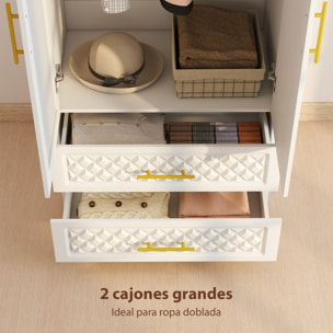 Armario Dormitorio 2 Puertas y 2 Cajones, Armario Ropero con Espejo, Relieve de Diamante, Barra para Colgar, Estilo Moderno, 80x50x180 cm, Blanco