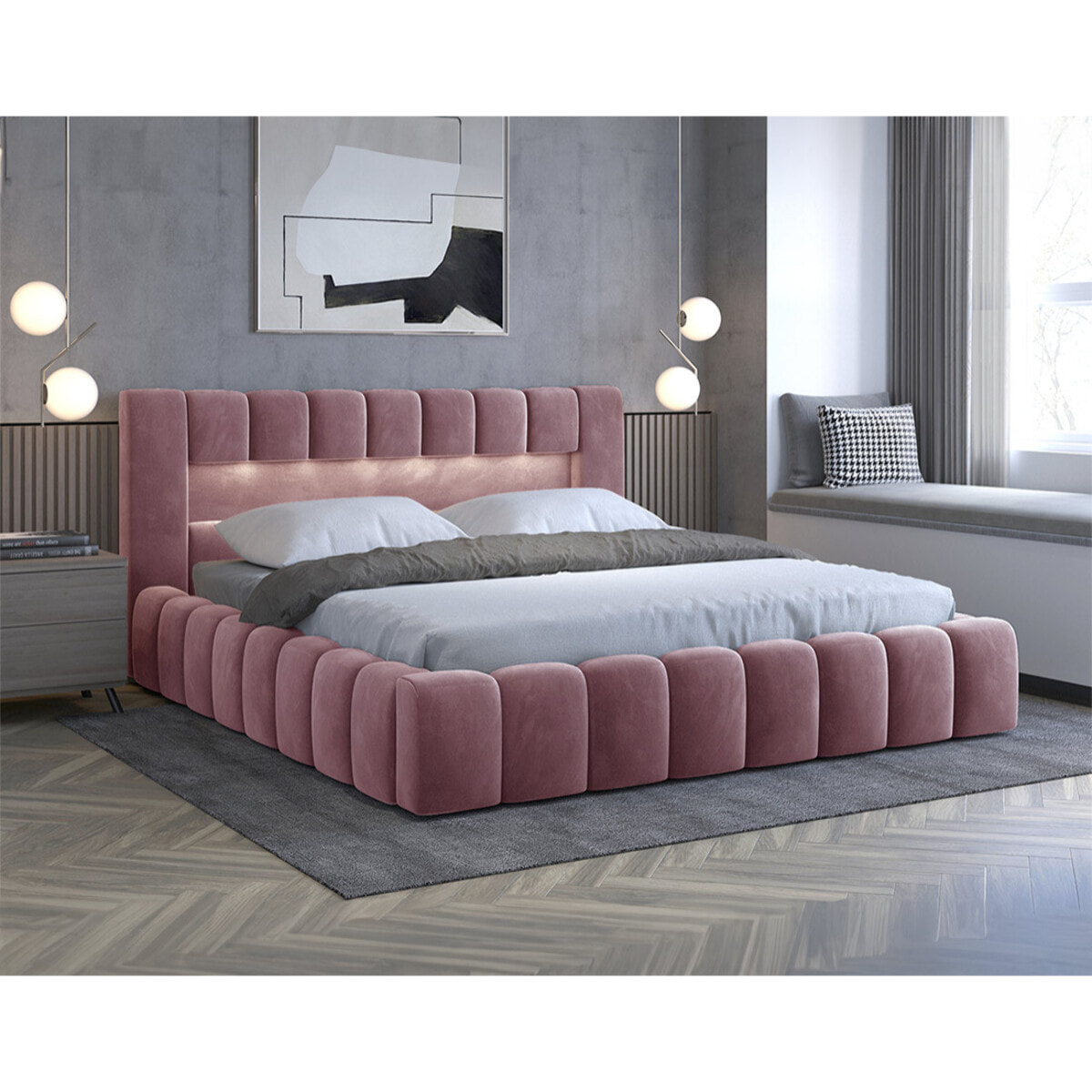 Cleo - lit coffre avec led - 160x200 cm - sommier inclus - en velours - Rose