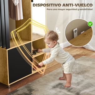 Armario Dormitorio con Puerta con Espejo, Armario Ropero con Barra para Colgar, 2 Compartimentos Abiertos, Estilo Moderno, 80x30x170 cm, Natural y Negro