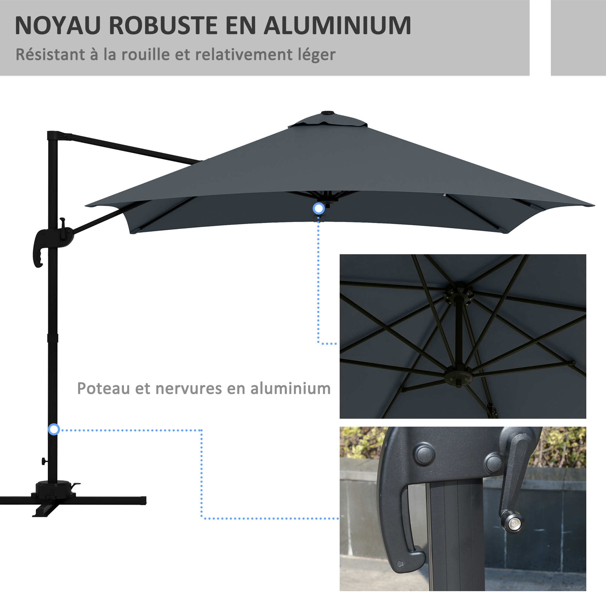 Parasol déporté carré inclinable pivotant 360° manivelle piètement acier dim. 2,95L x 2,95l x 2,66H m gris