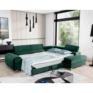 Talisay - canapé d'angle droit - 5 places - convertible avec coffre - en velours - Vert