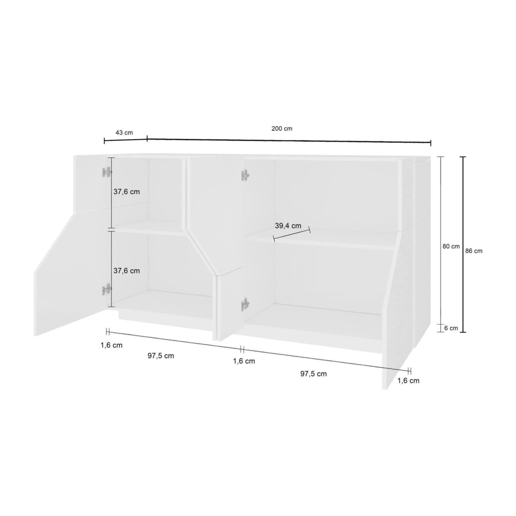 Credenza moderna a 4 ante geometriche, Made in Italy, Madia da ingresso, Buffet di design da soggiorno, Cm 200x43h86, Bianco lucido