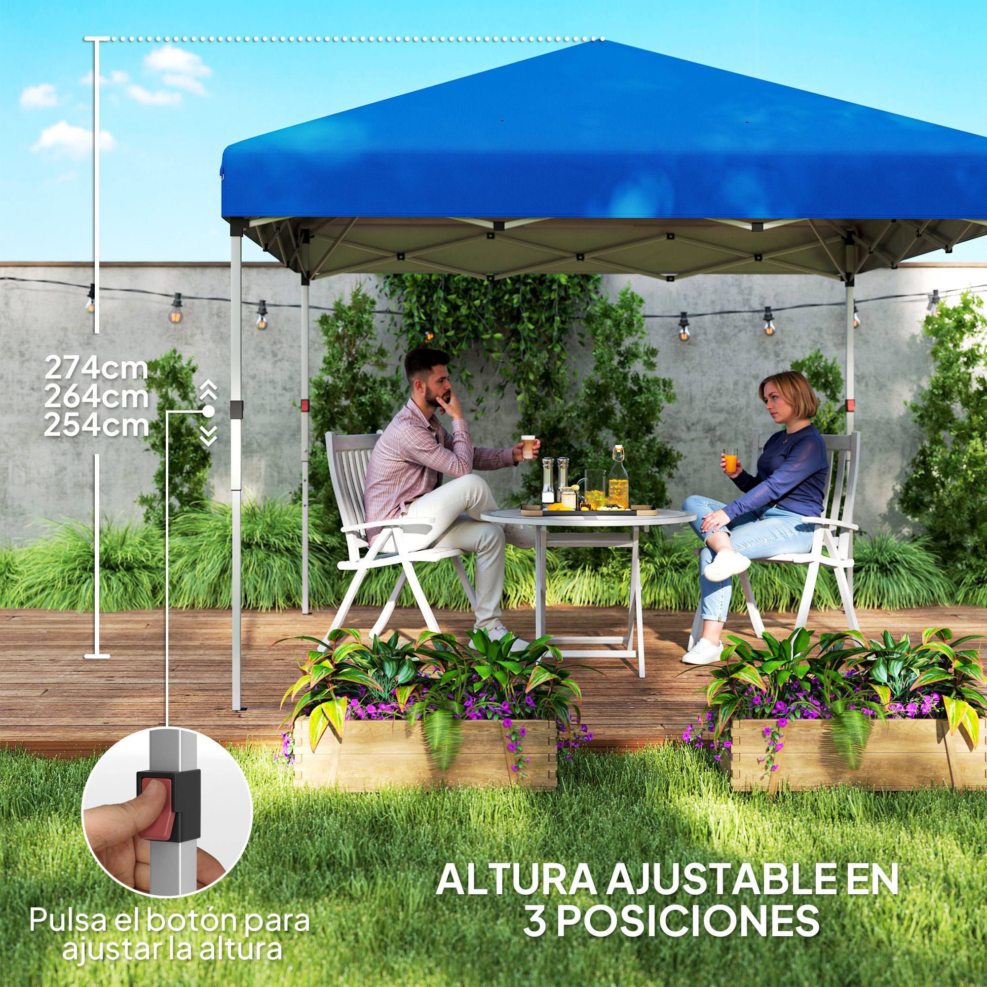 Carpa Plegable Pop-up Gazebo 3x3 m Cenador Plegable con 2 Paredes Laterales Anti-UV Altura Ajustable en 3 Niveles Sacos de Arena y Bolsa de Transporte con Ruedas para Camping Fiestas Azul