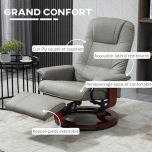 Fauteuil relax inclinable pivotant repose-pied réglable piètement bois revêtement synthétique gris