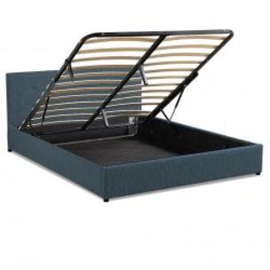 Lit coffre Bouclette| Espace de Stockage jusqu'à 900 L | Grand angle d’ouverture | Tissu | Bleu foncé