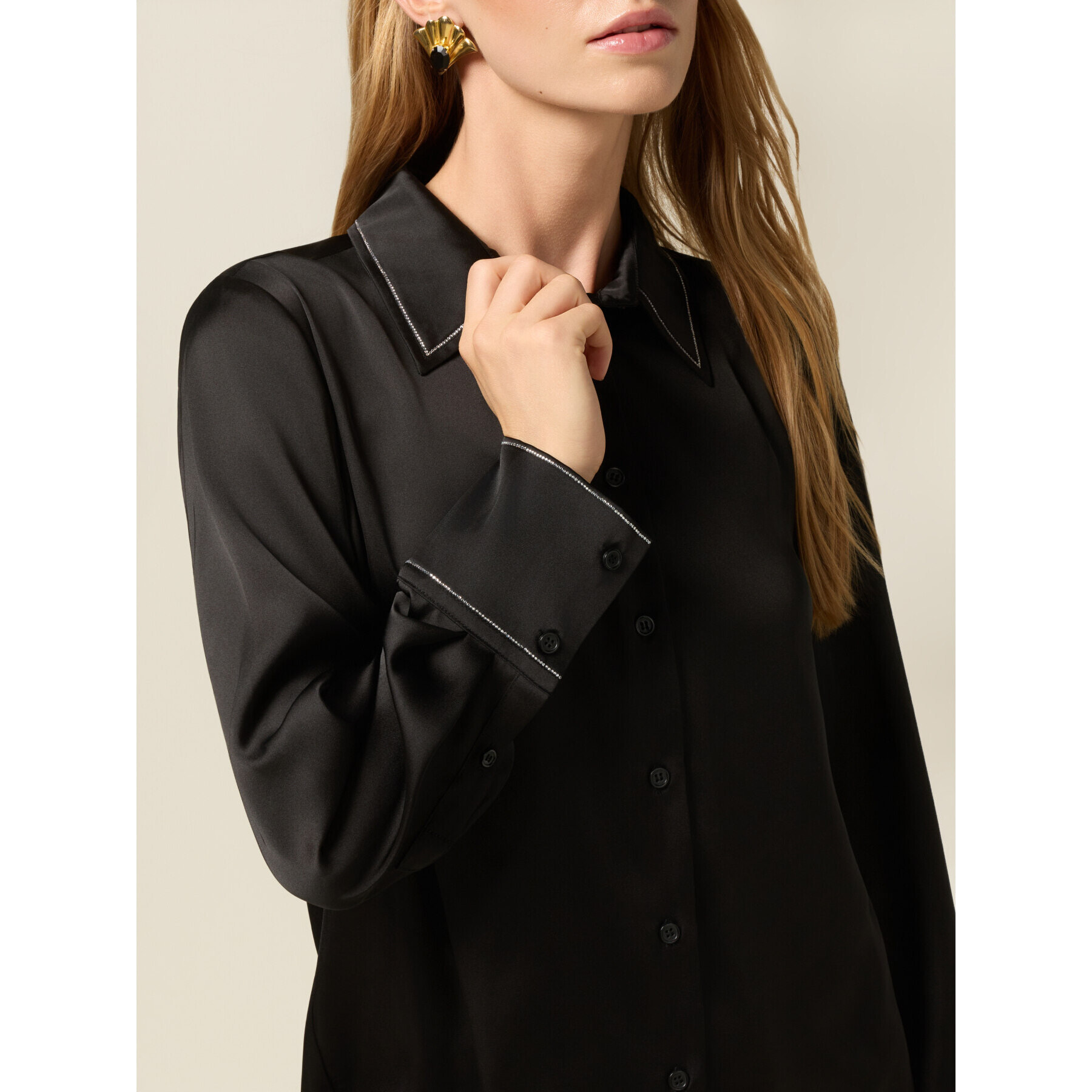 Oltre - Camicia in raso con dettaglio catenelle - Nero