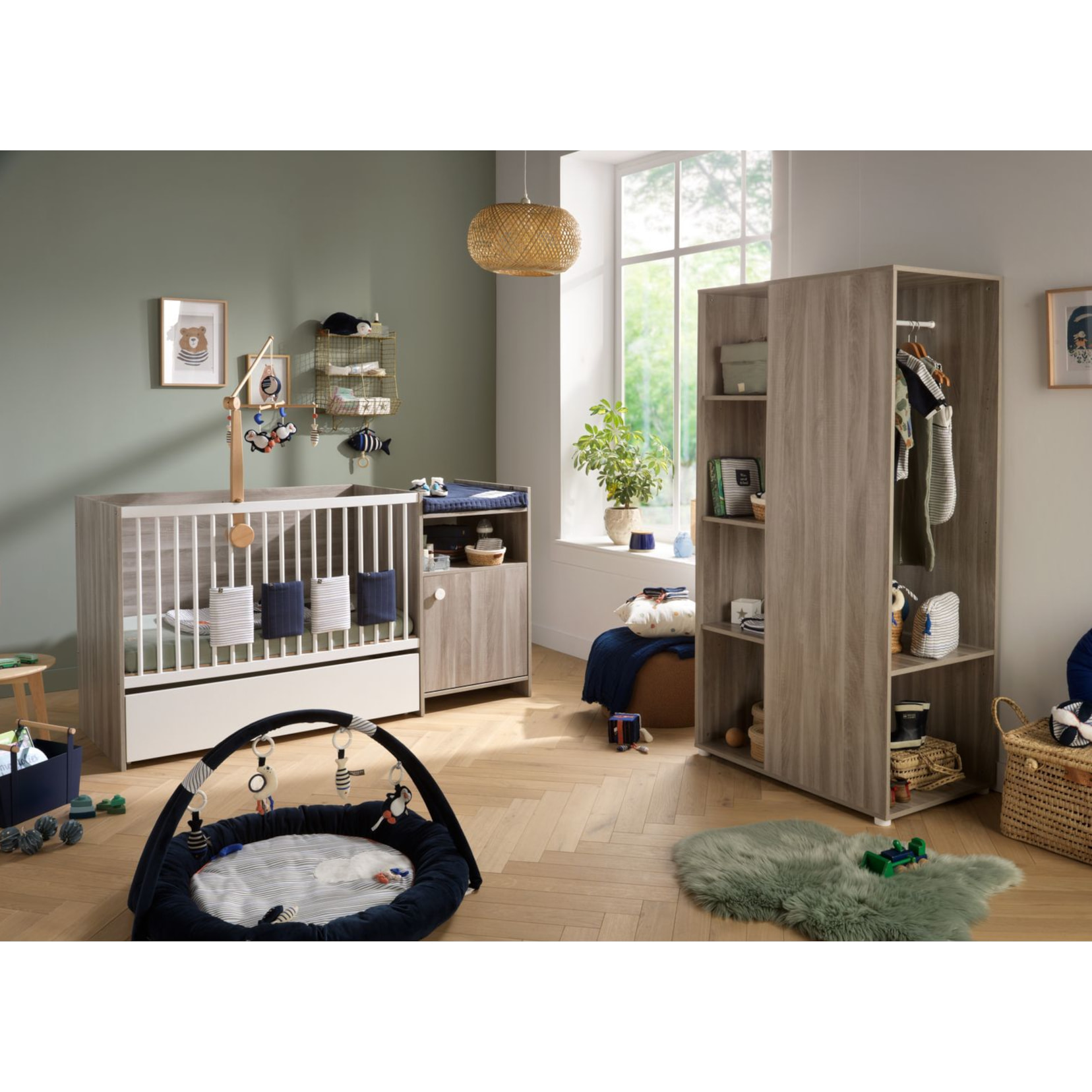 Lit bébé combiné 120x60 évolutif en 90x190 en décor bois avec commode à langer 1 porte