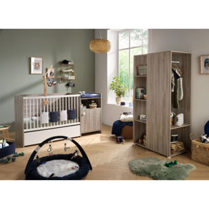 Lit bébé combiné 120x60 évolutif en 90x190 en décor bois avec commode à langer 1 porte