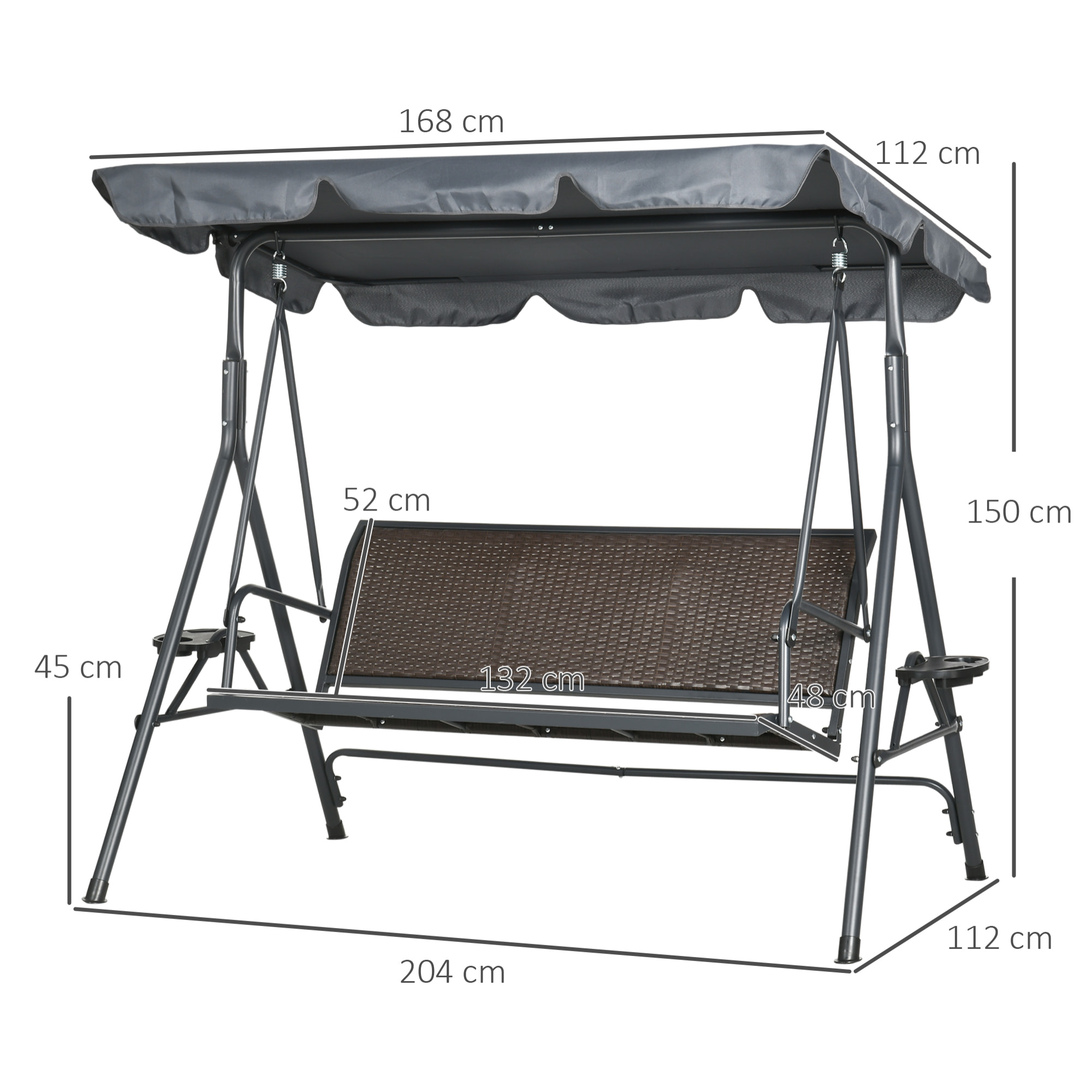 Balancelle de jardin 3 places - auvent réglable, plateaux porte-gobelets - résine tressée acier gris brun