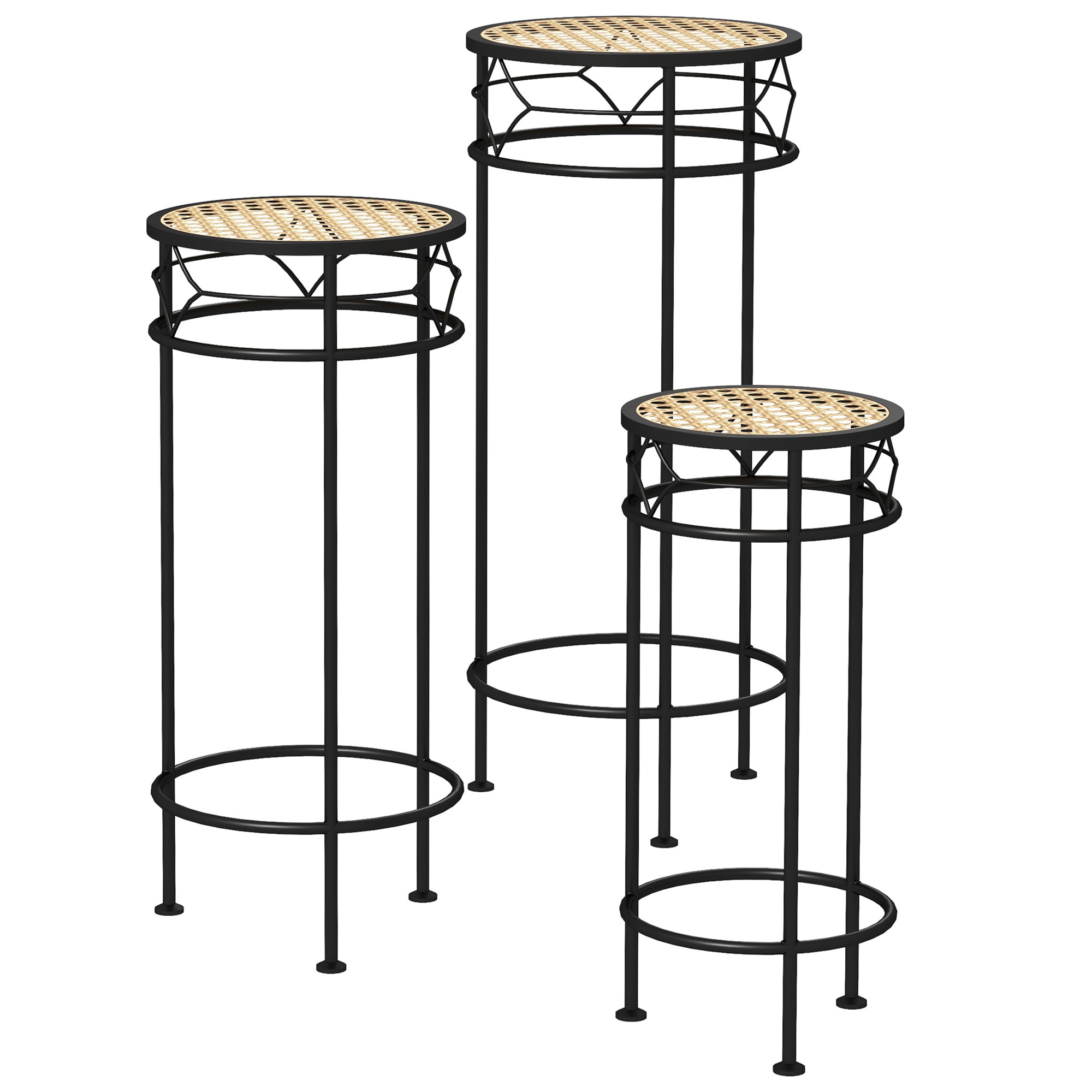 Lot de 3 supports pot de fleurs plateaux aspect rotin métal doré noir