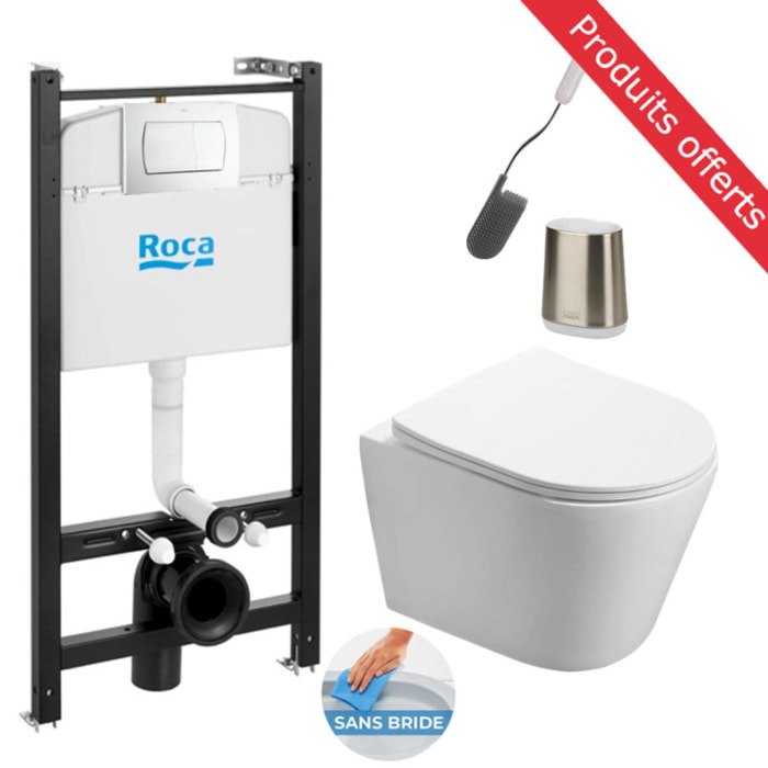 Pack WC Bâti-support Roca + WC sans bride SAT + Abattant softclose + Plaque blanche + Brosse de toilette OFFERTE