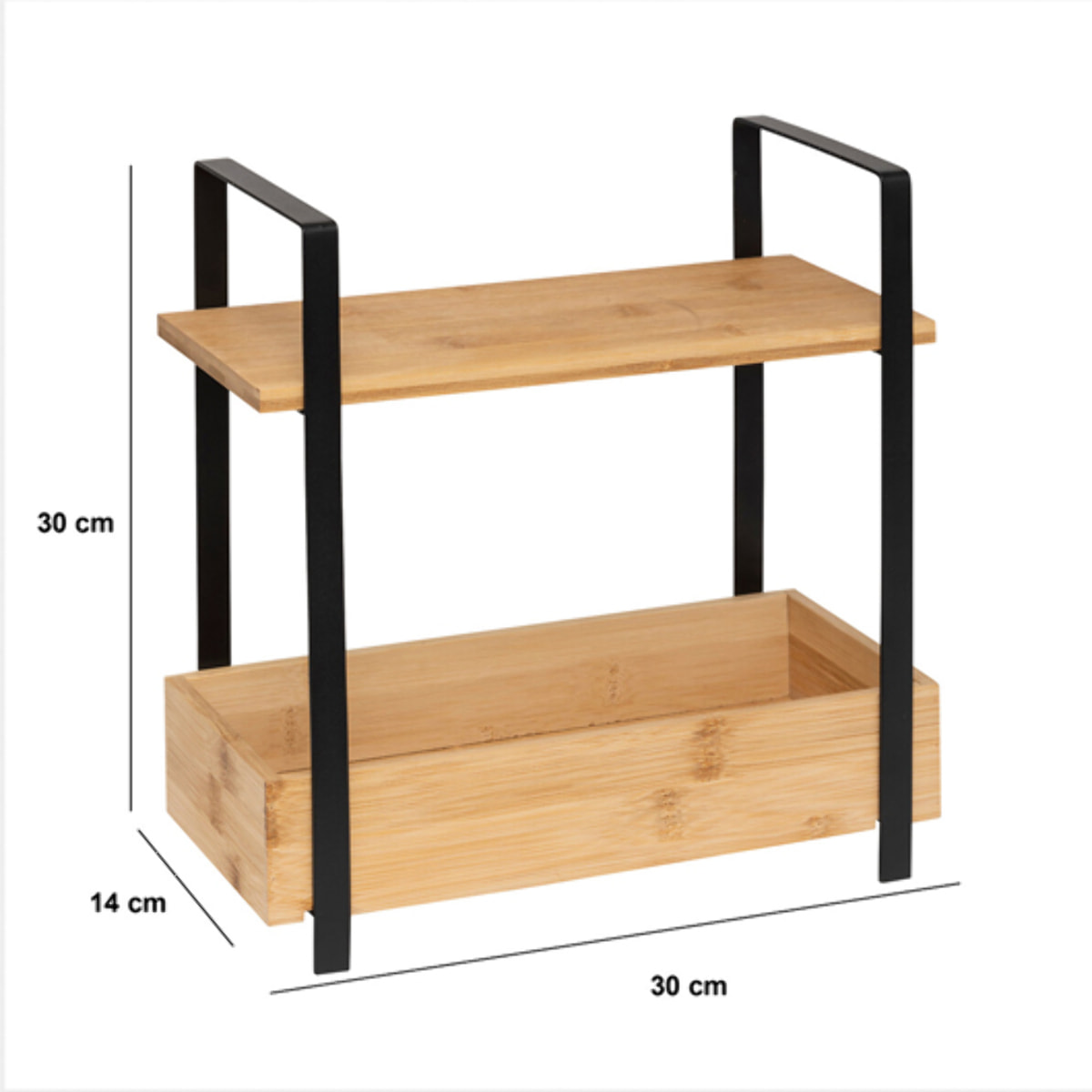 Étagère "Ordera" 2 niveaux avec bac de rangement en bambou noir