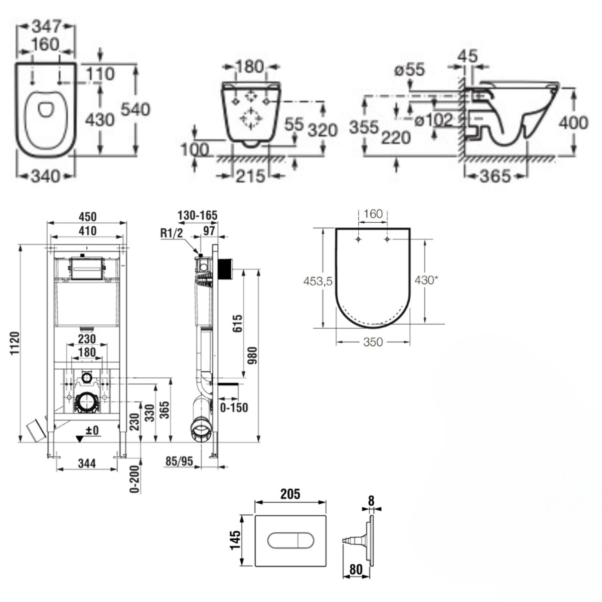 Pack WC bâti-support ECO 2 L Roca + WC suspendu Roca avec abattant SoftClose + plaque noir (ROROGAWR03-IN)