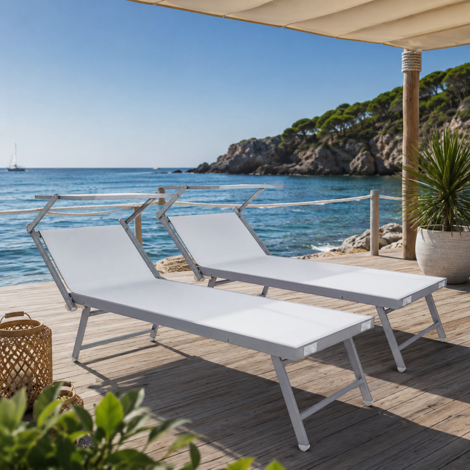 Coppia Di Lettini Prendisole Pieghevole Professionale in Alluminio e Tessuto Textilene Tettuccio Parasole Sdraio Mare Spiaggia 182x60x38 cm Bianco