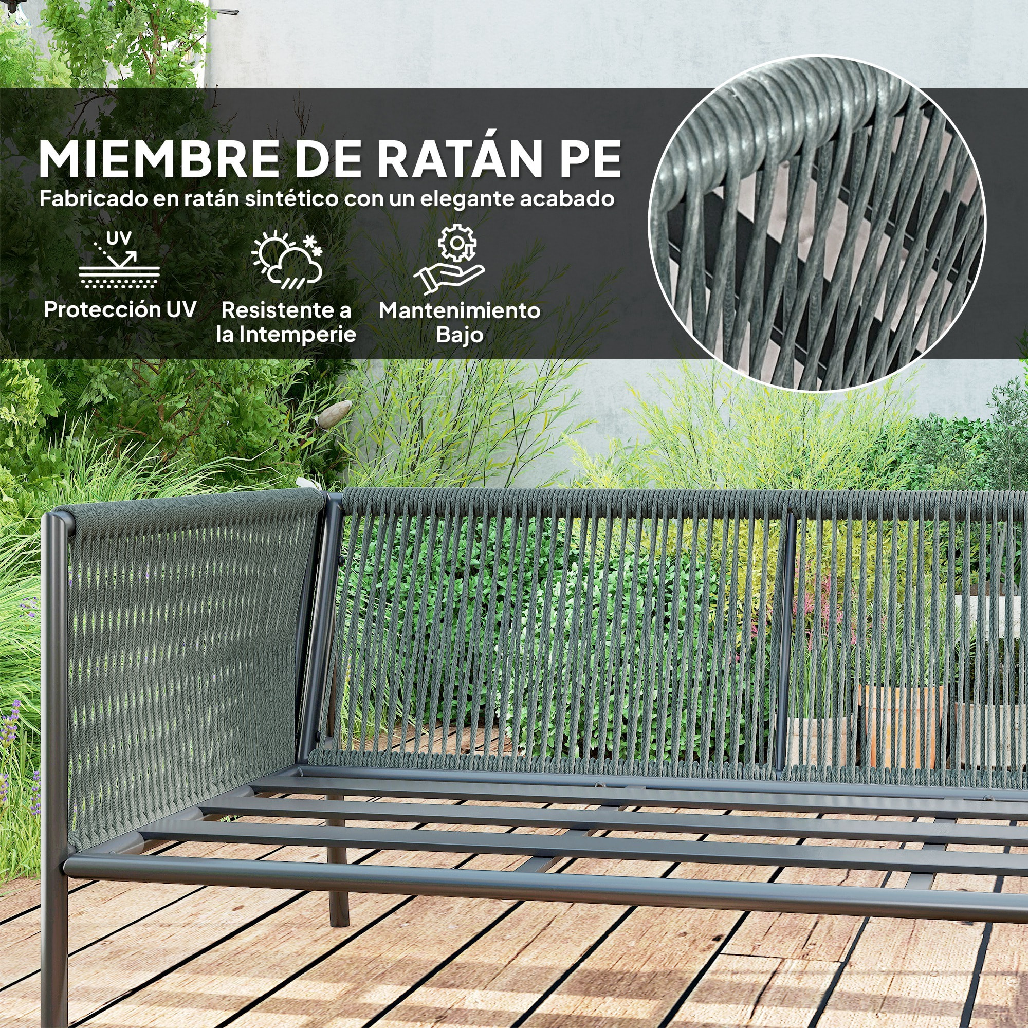 Conjunto Jardín Exterior de Ratán con Cojines Conjunto Terraza Resistente a la Intemperie Muebles Jardín Exterior con 2 Sofás de 2 Plazas Sofá Esquina Mesa Redonda Gris Oscuro