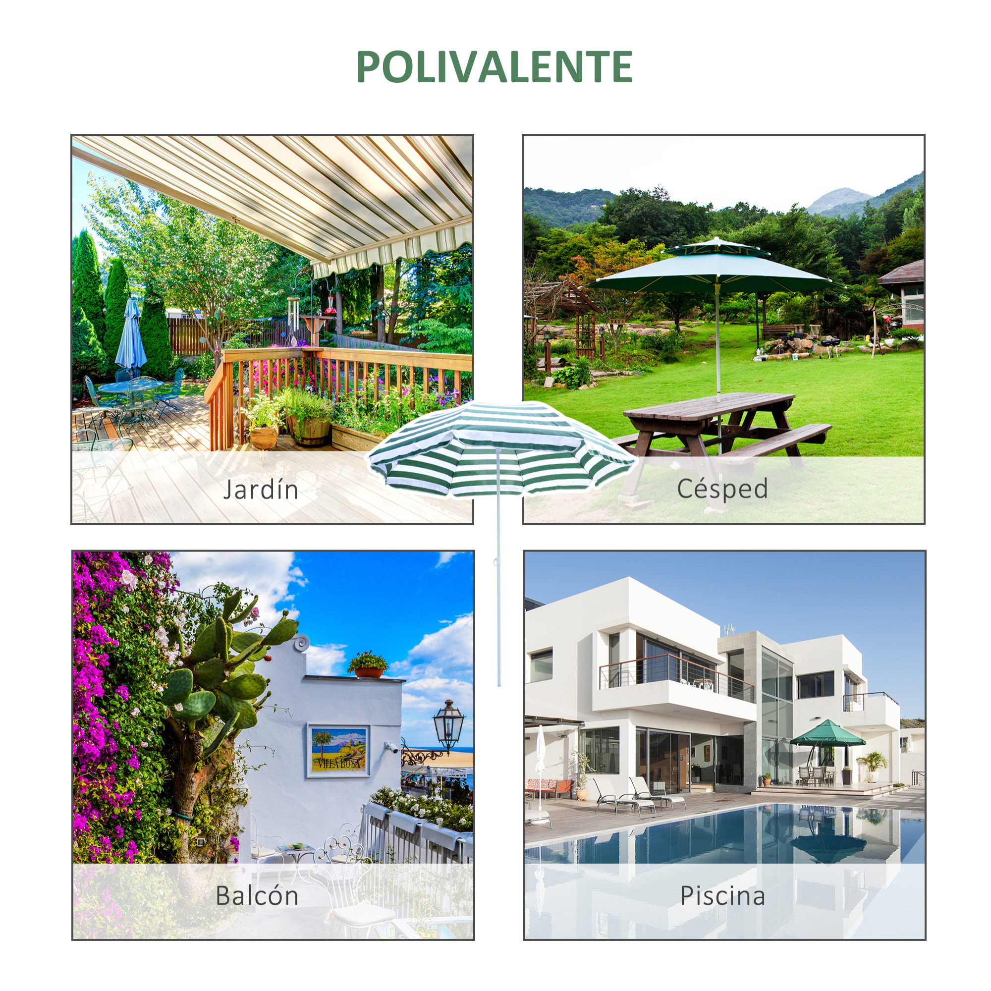 Sombrilla de Playa Ø180 cm con Techo Inclinable y Poste de Metal Protección Solar para Jardín Terraza Exterior Rayas Verde y Blanco