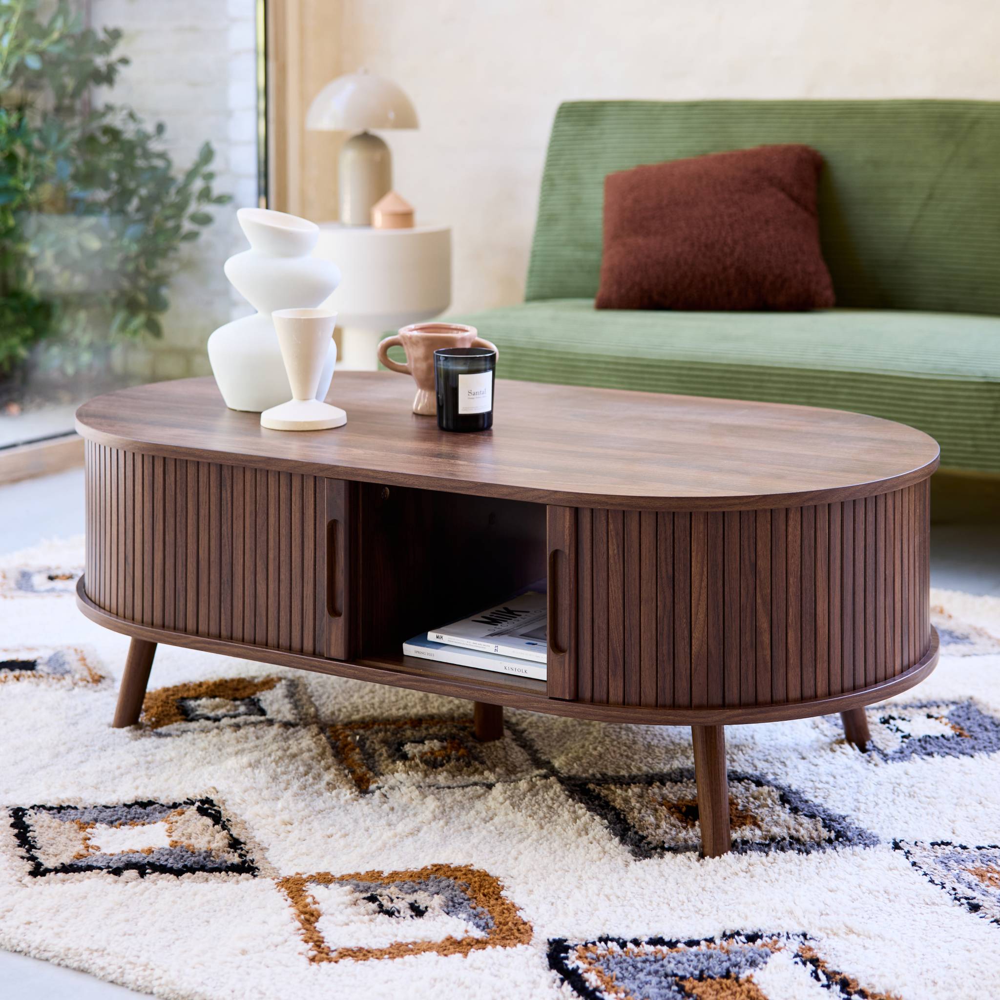 Table basse scandinave décor bois rainuré 2 portes coulissantes LEGACY