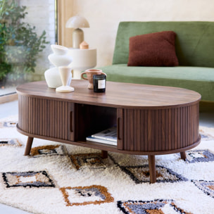 Table basse scandinave décor bois rainuré 2 portes coulissantes LEGACY
