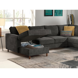 Jake - canapé panoramique d'angle droit - convertible avec coffre - 7 places - en velours côtelé - Gris foncé