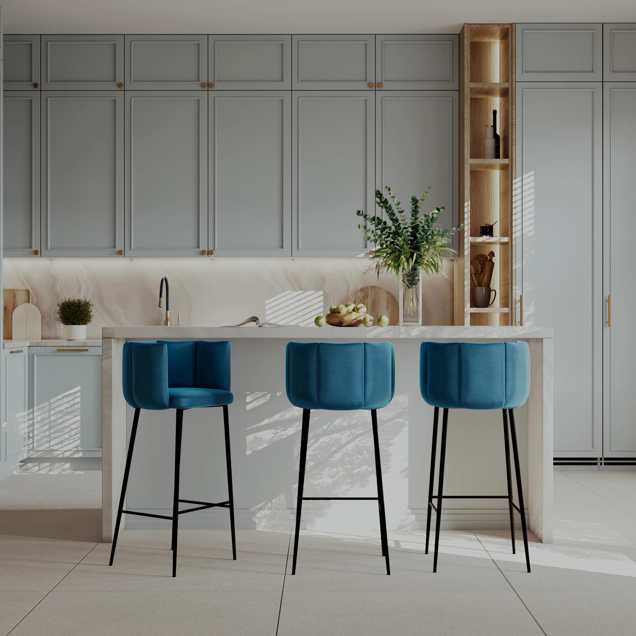 Lot de 2 chaises de bar en velours bleu 75 cm - Rosy