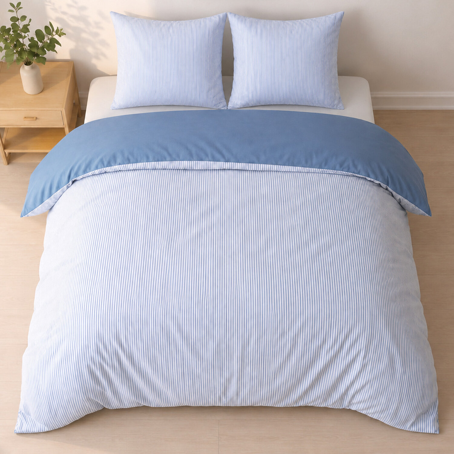 Parure housse de couette mini seersucker rayures demin bleu, MILLERAY