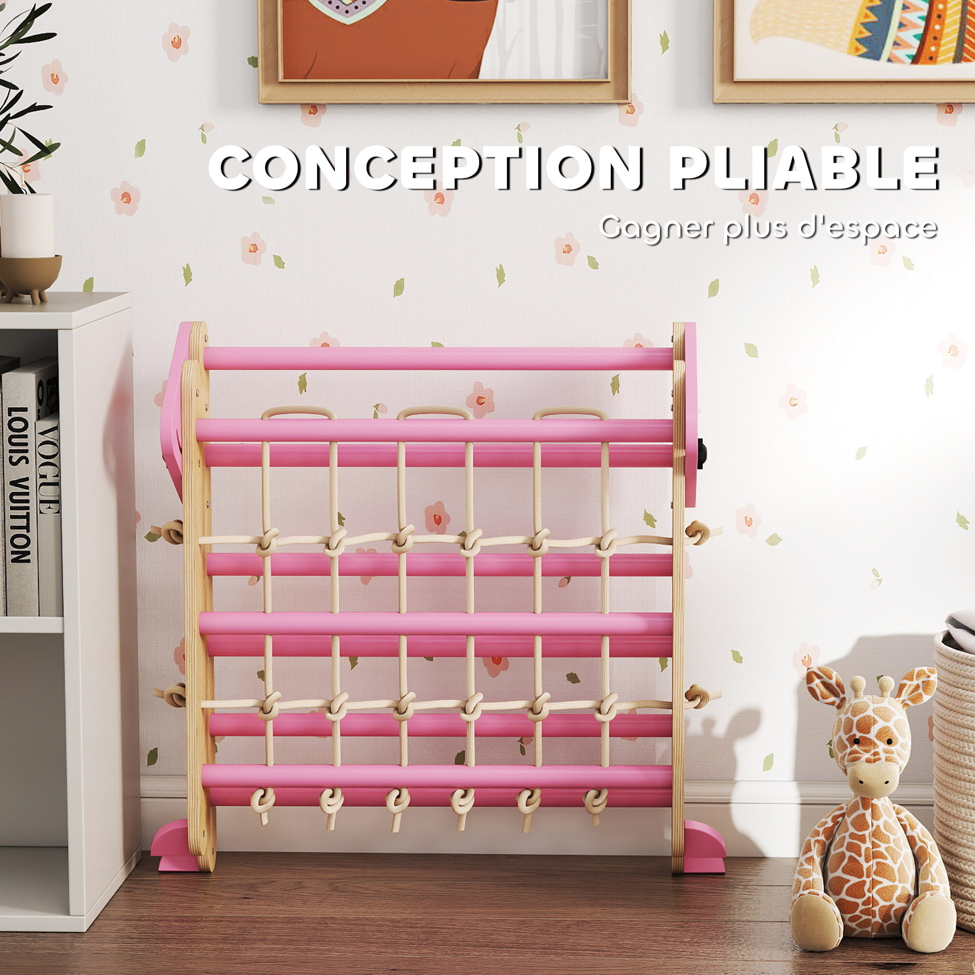 Triangle d'escalade enfant pliable 8 en 1 - aire de jeu enfant - bois rose