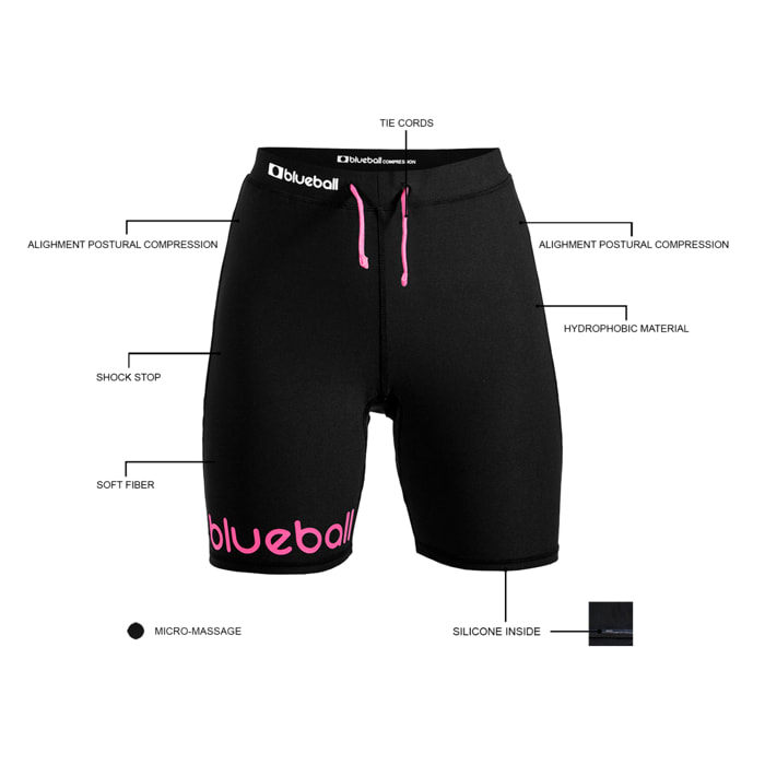 LEGGINGS DE COMPRESIÓN RUNNING PARA MUJER DE LARGO CORTO BLUEBALL EN NEGRO CON LOGO ROSA Y CUERDAS