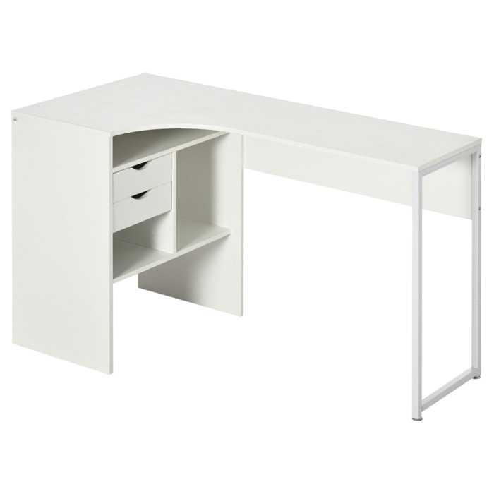 Bureau d'angle bureau informatique multimédia multi-rangement métal panneaux particules blanc