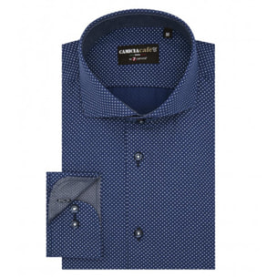 Camicia Uomo 1 Bottone Francese Slim Cotone Poliestere Stampato Blu\Bianco