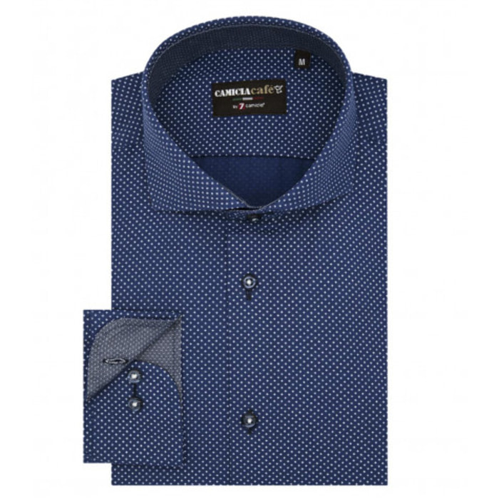 Camicia Uomo 1 Bottone Francese Slim Cotone Poliestere Stampato Blu\Bianco