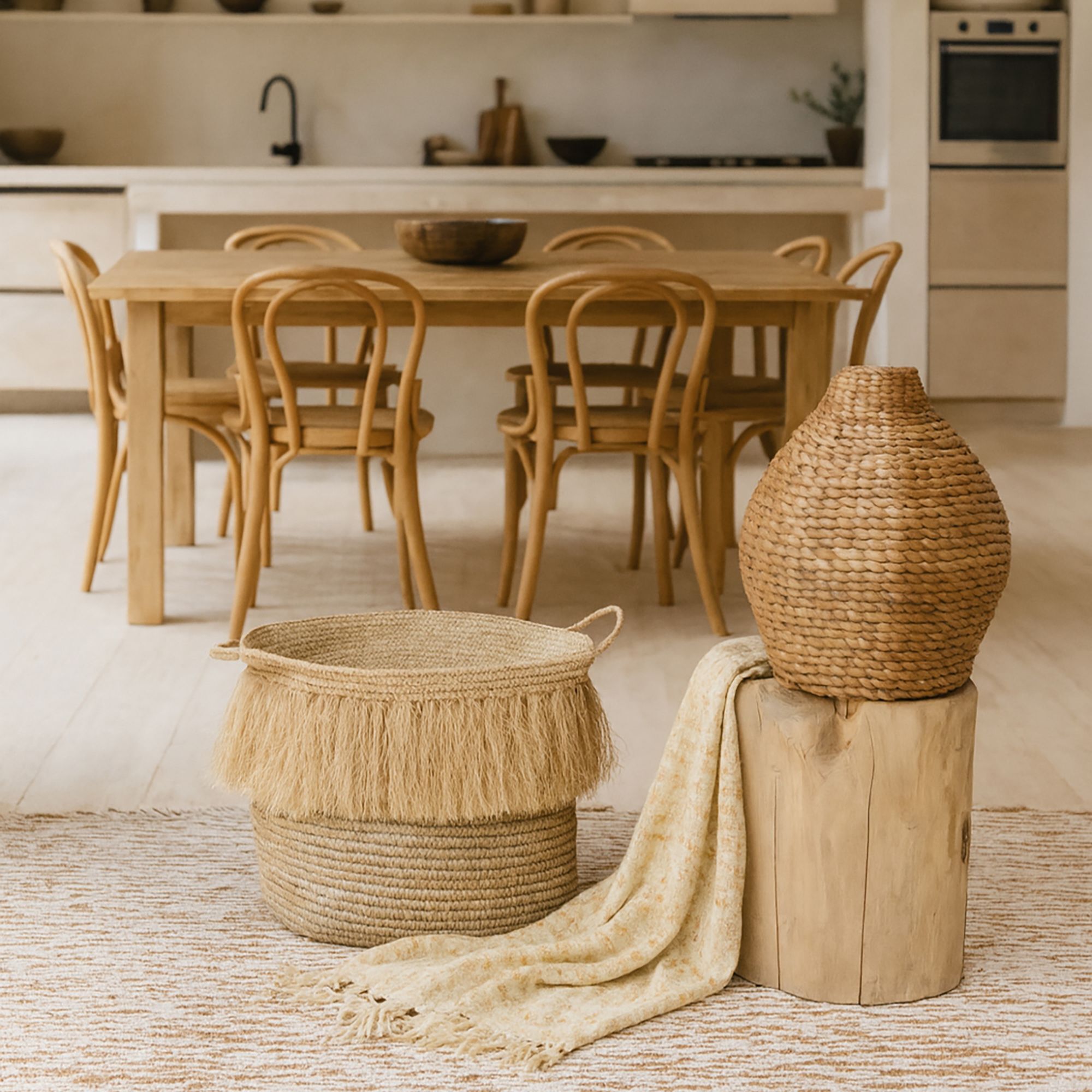 Panier à franges en raphia naturel avec anses 44cm LUYS