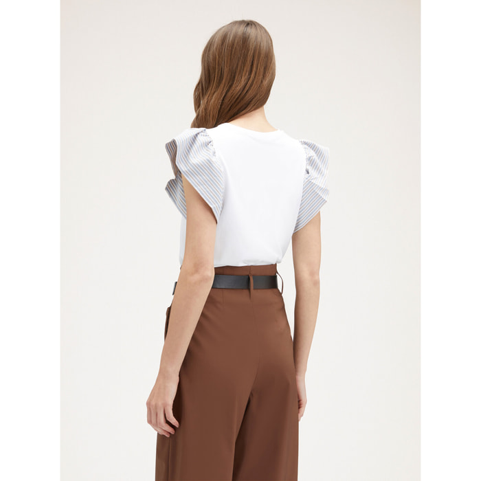 Motivi - T-shirt con maniche volant a righe - Bianco