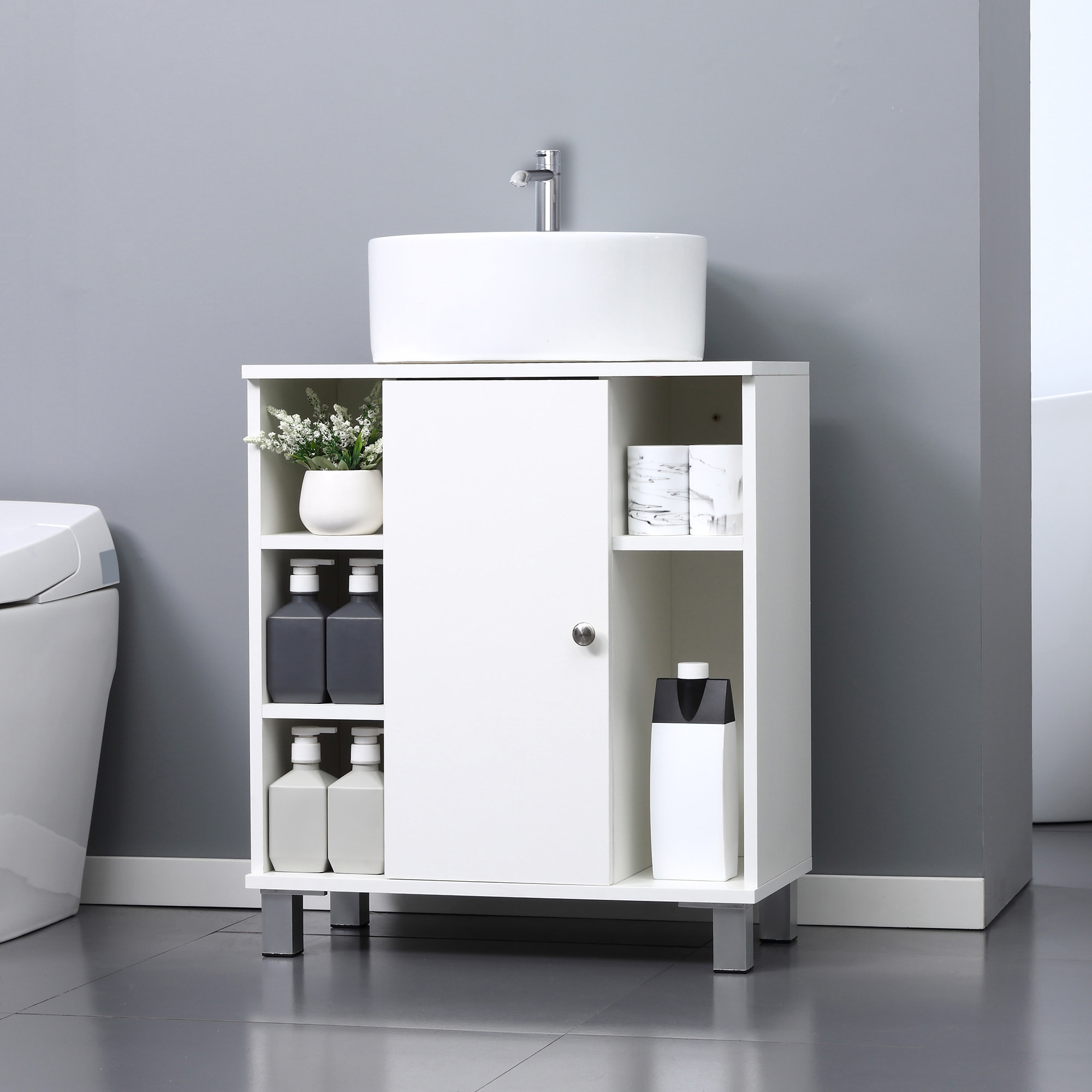 kleankin Mueble para Debajo del Lavabo Armario Baño de Suelo de Madera con 5 Compartimentos Abiertos y 1 Puerta Diseño Compacto Moderno 60x30x68 cm Blanco