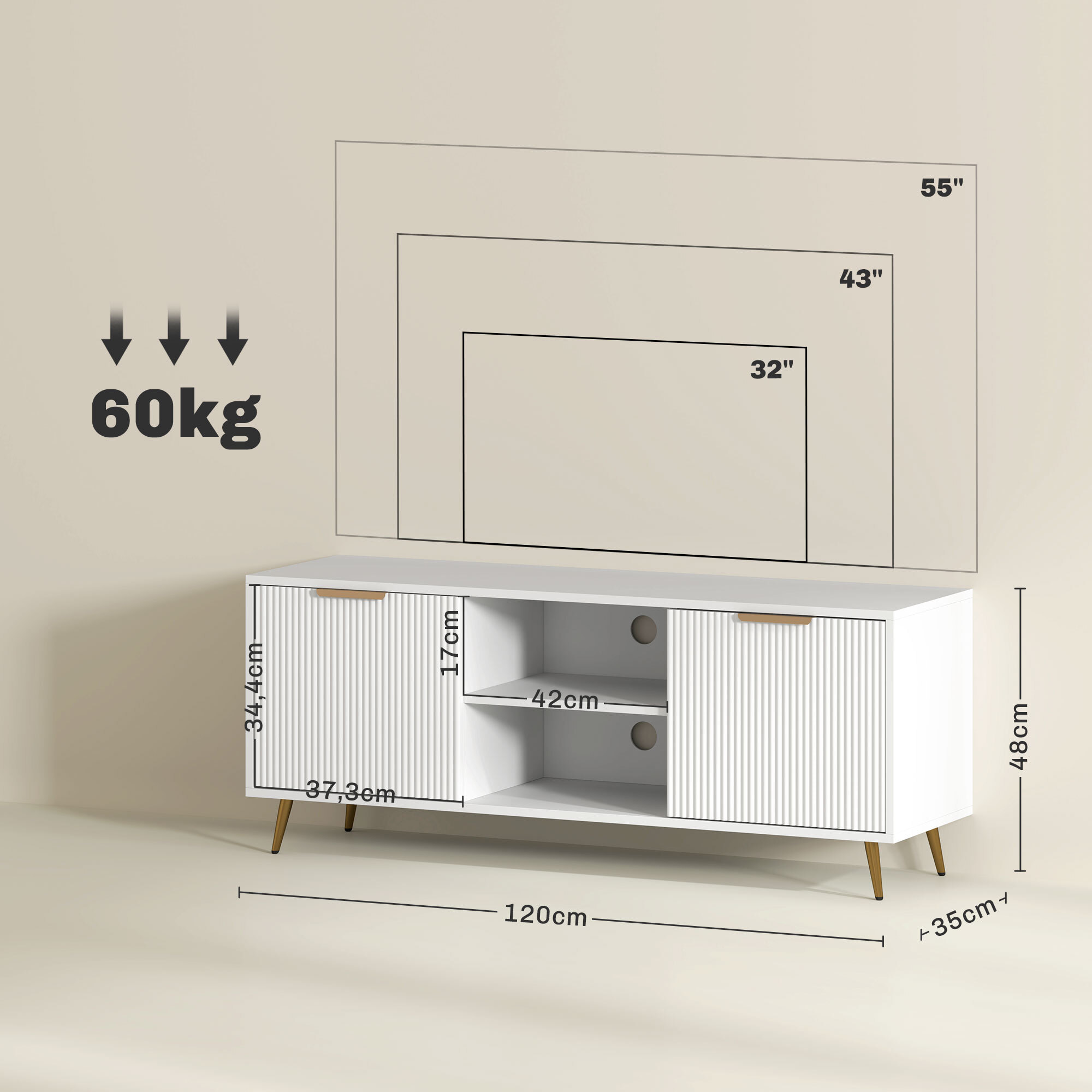 Mueble de TV Moderno Mueble de TV para Salón con 2 Compartimentos Abiertos y 2 Puertas Mueble para Televisión de 55 Pulgadas 120x35x48 cm Blanco