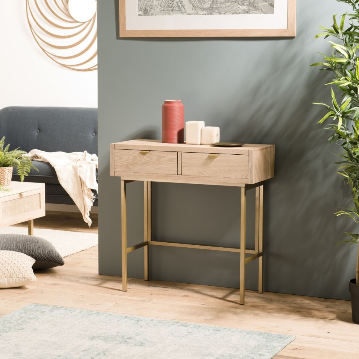 ALINE - Console 2 tiroirs pieds métal doré