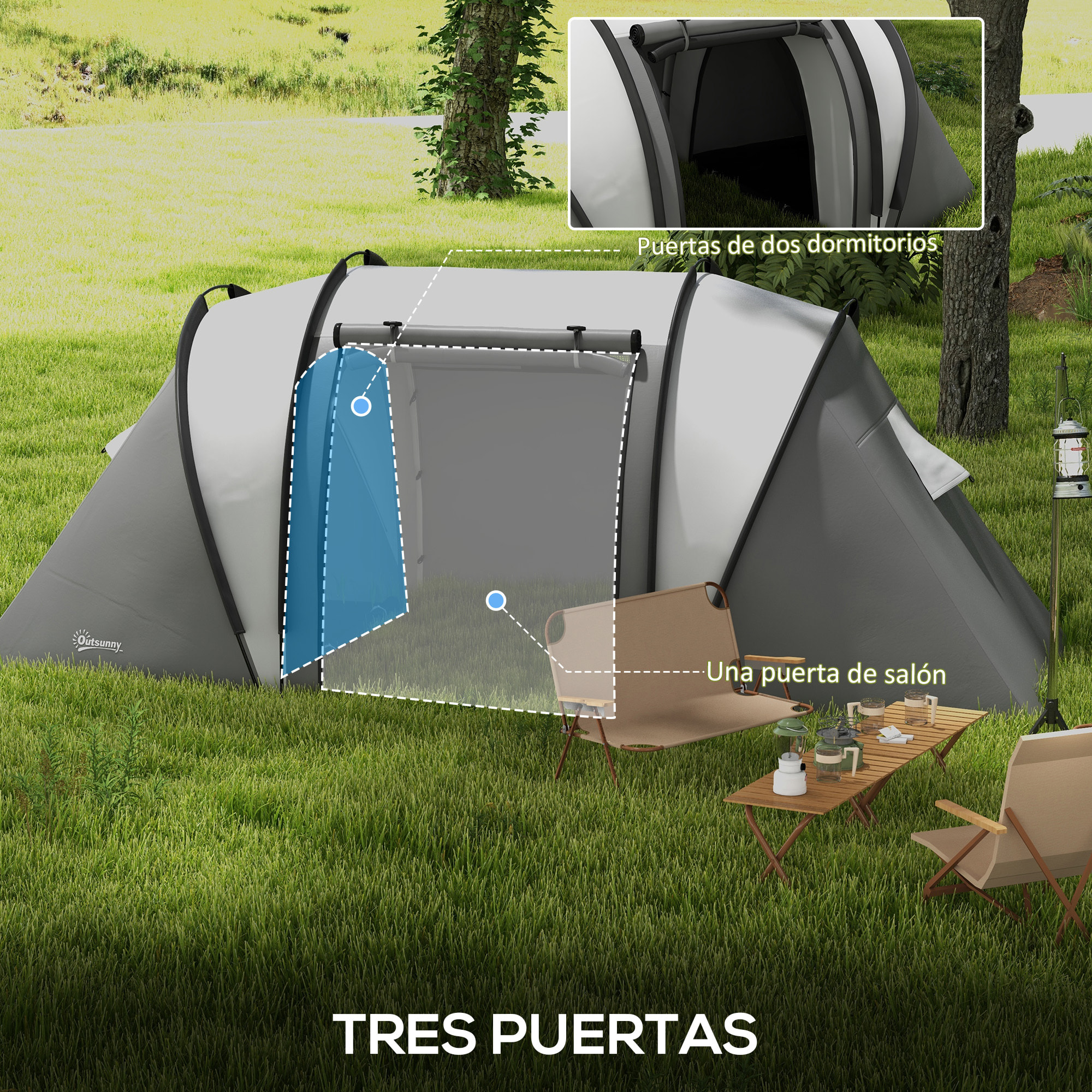 Tienda de Campaña Familiar para 4-5 Personas Tienda de Acampada de Túnel Impermeable 3000 mm con 2 Dormitorios Bolsa de Transporte y Gancho para Pescar Senderismo Gris
