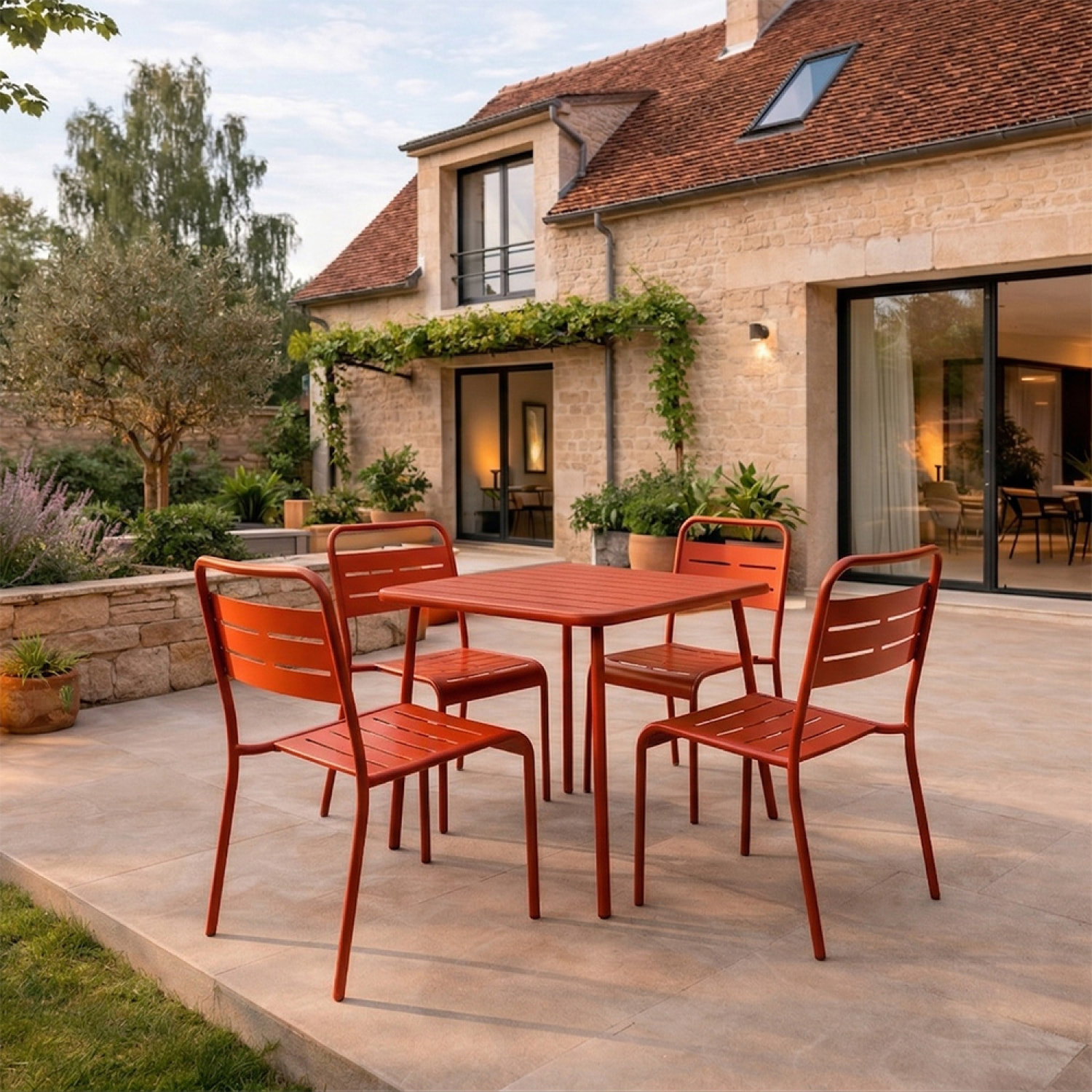 Ensemble table de jardin carrée 70cm et 4 chaises terracotta EVORA