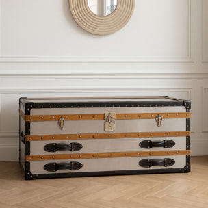 Commode basse 1 coffre 2 tiroirs en acier inoxydable et cuir ILIADE