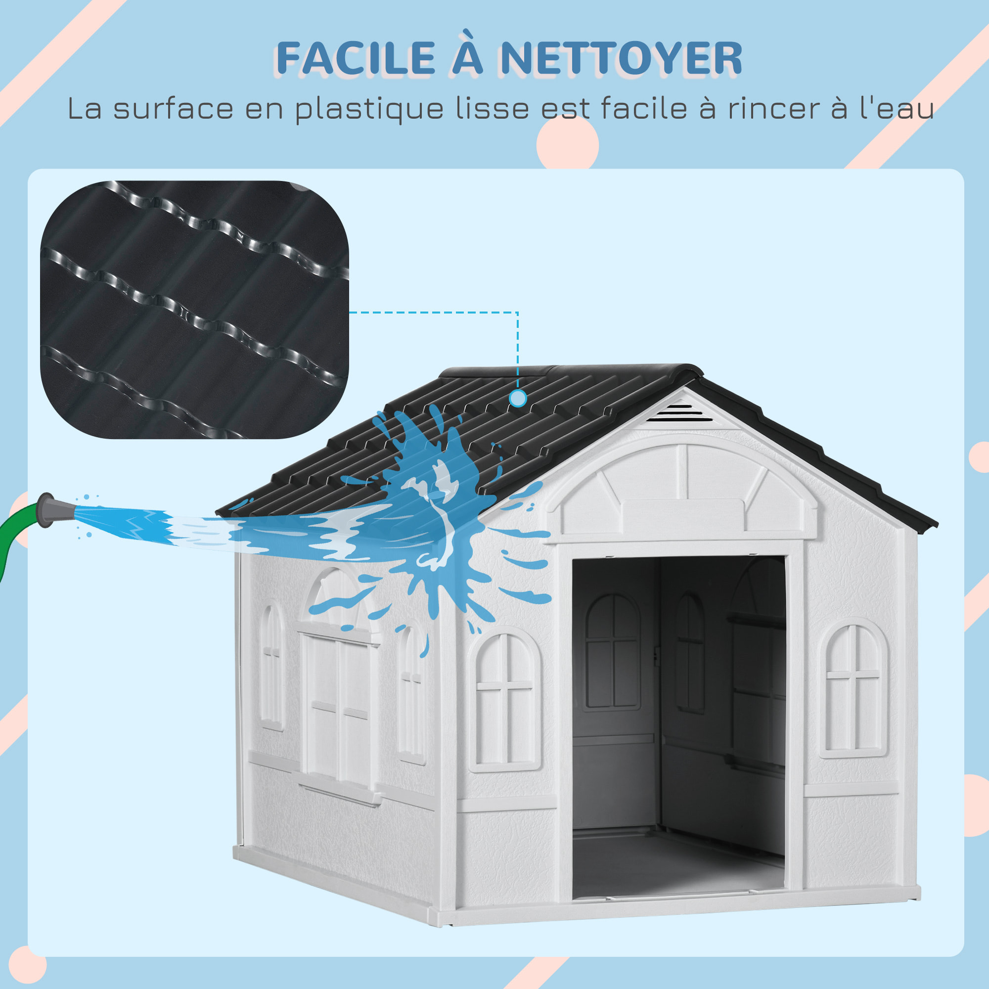 Niche chien style cottage dim. 65L x 75l x 63H cm - motifs fenêtres, porte, aération - PP blanc gris