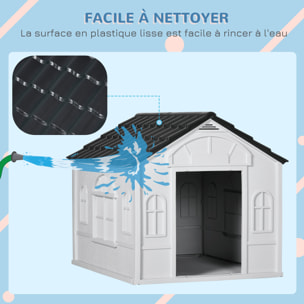 Niche chien style cottage dim. 65L x 75l x 63H cm - motifs fenêtres, porte, aération - PP blanc gris