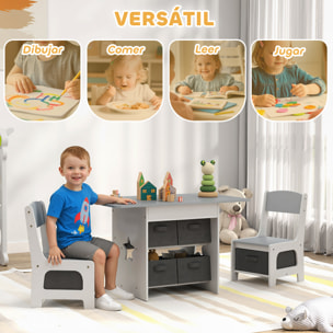 Mesa Infantil con 2 Sillas, Mesa y Sillas Infantil con 6 Cajones de Tela, Diseño Estrellas, para Niños y Niñas de 3-8 Años, para Hogar, Guardería, Aulas, Gris Claro