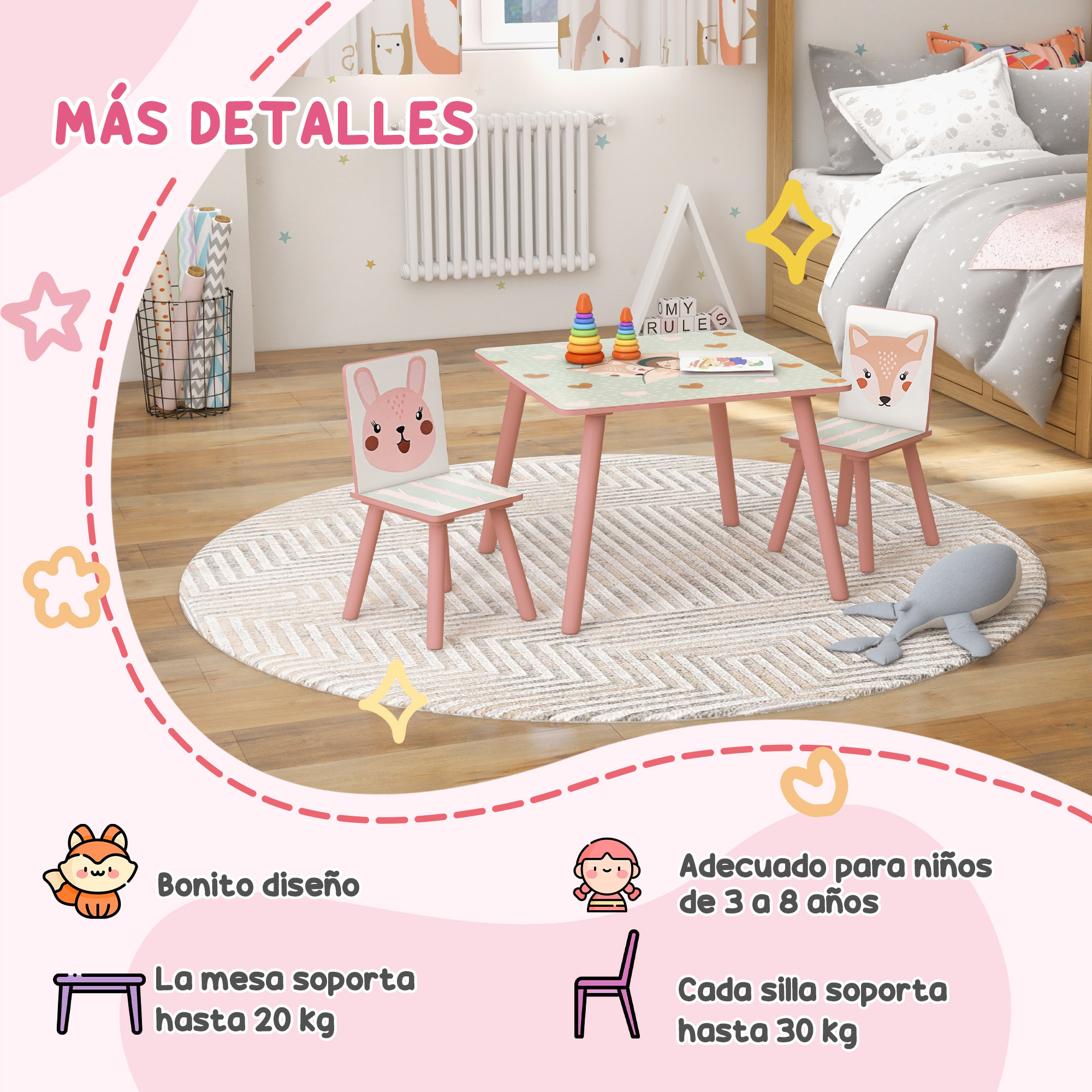 Conjunto para Niños Incluye 1 Estantería para Juguetes con Pizarra Pintable 2 Cajas de Tela no Tejida y 1 Mesa Infantil con 2 Sillas para Dormitorio Sala de Juegos Rosa