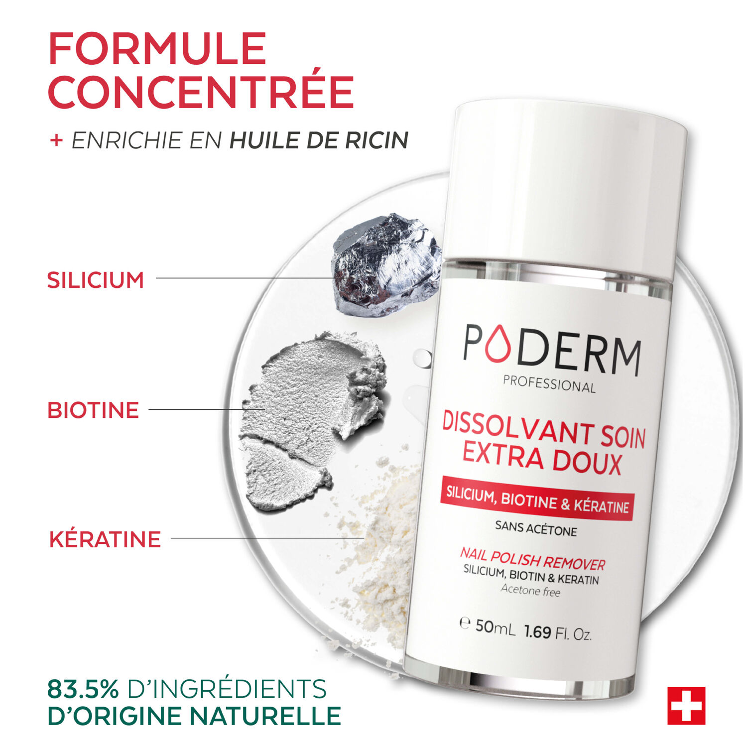 Silicium, Biotine & Kératine - Dissolvant Soin Extra Doux Sans Acétone 50ml