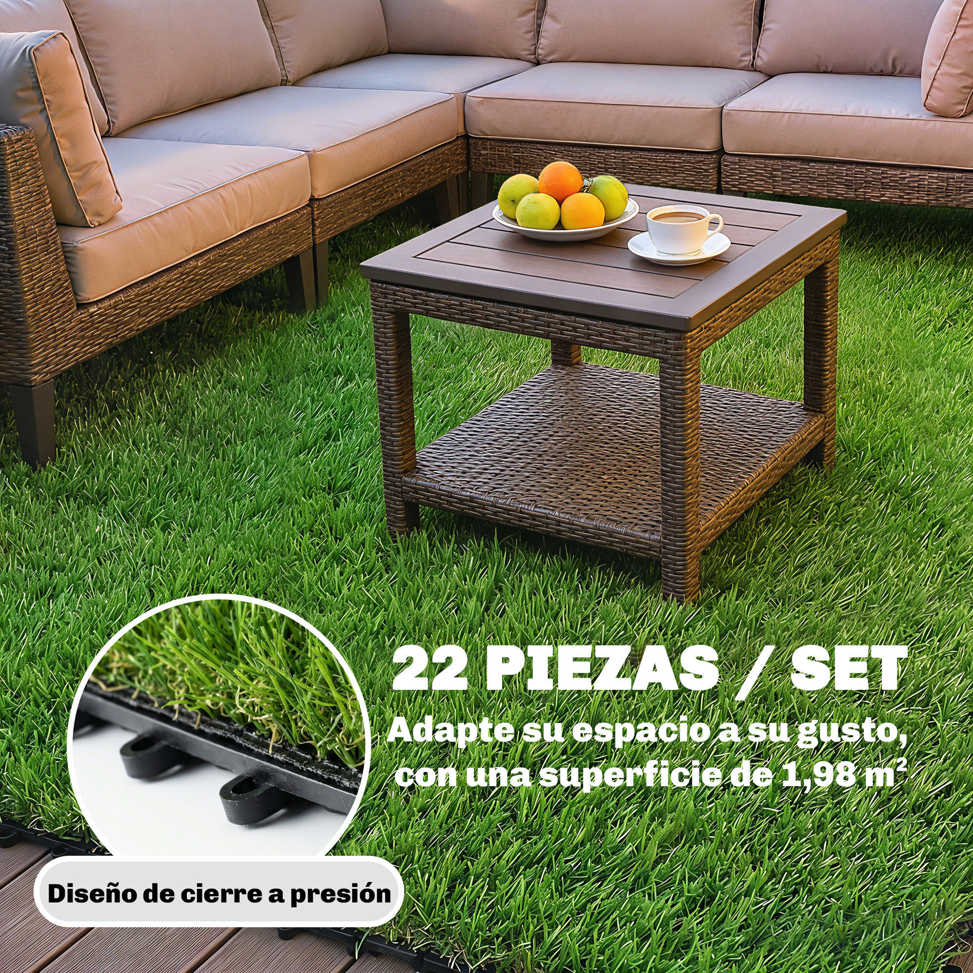 Césped Artificial de 22 Piezas, Alfombra Césped Artificial 30x30 cm, con Altura de Hierba 25 mm, Drenaje Automático, para Jardín, Terraza, Patio, Balcón, Verde