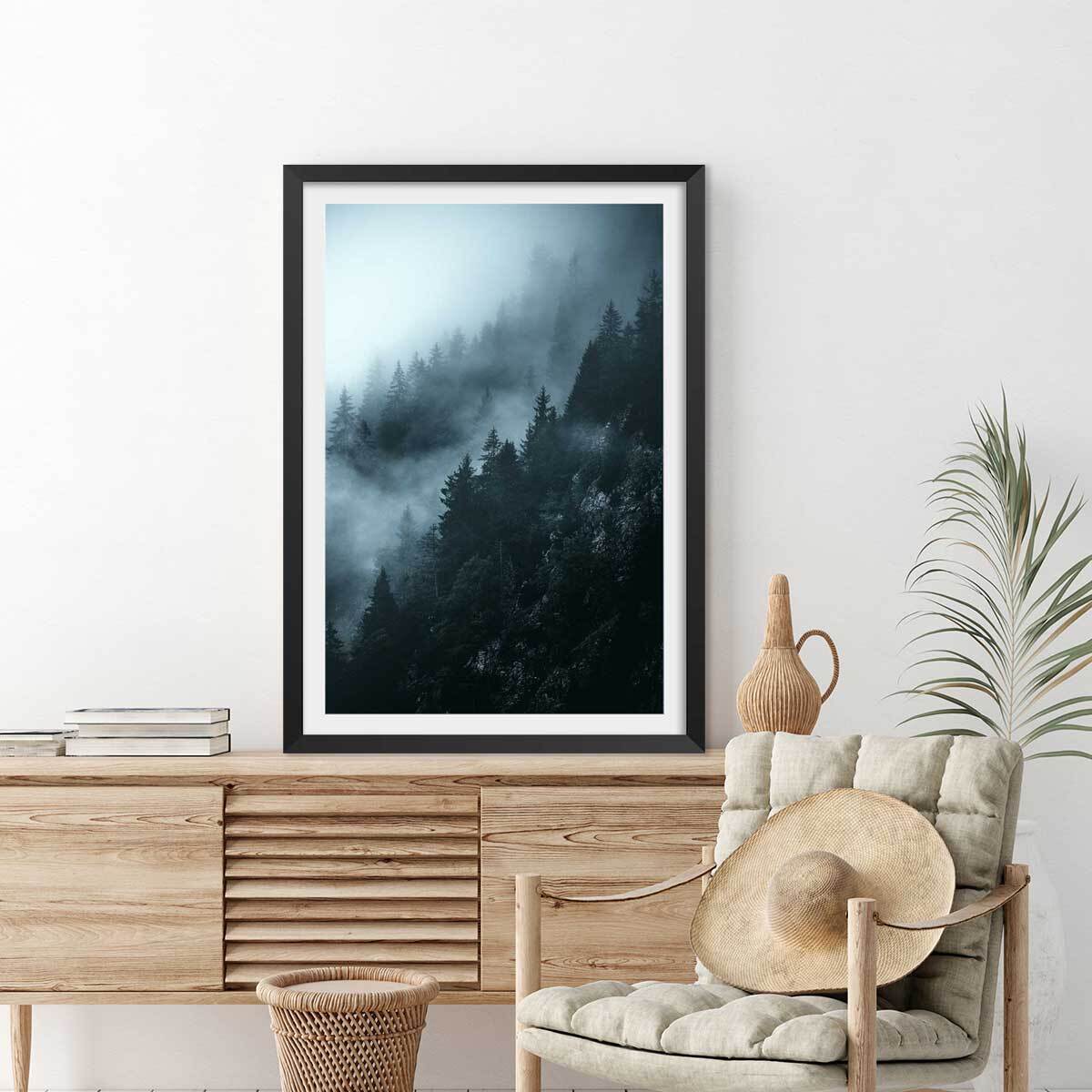 Affiche paysage suisse au petit matin Affiche + cadre en bois - Noir