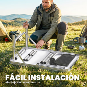 Mesa Plegable Camping, 60x40x60 cm, Mesa Plegable Portátil con Altura Ajustable en 4 Niveles, Red de Almacenamiento, Marco de Aluminio, para Acampar, Senderismo, Playa, Negro
