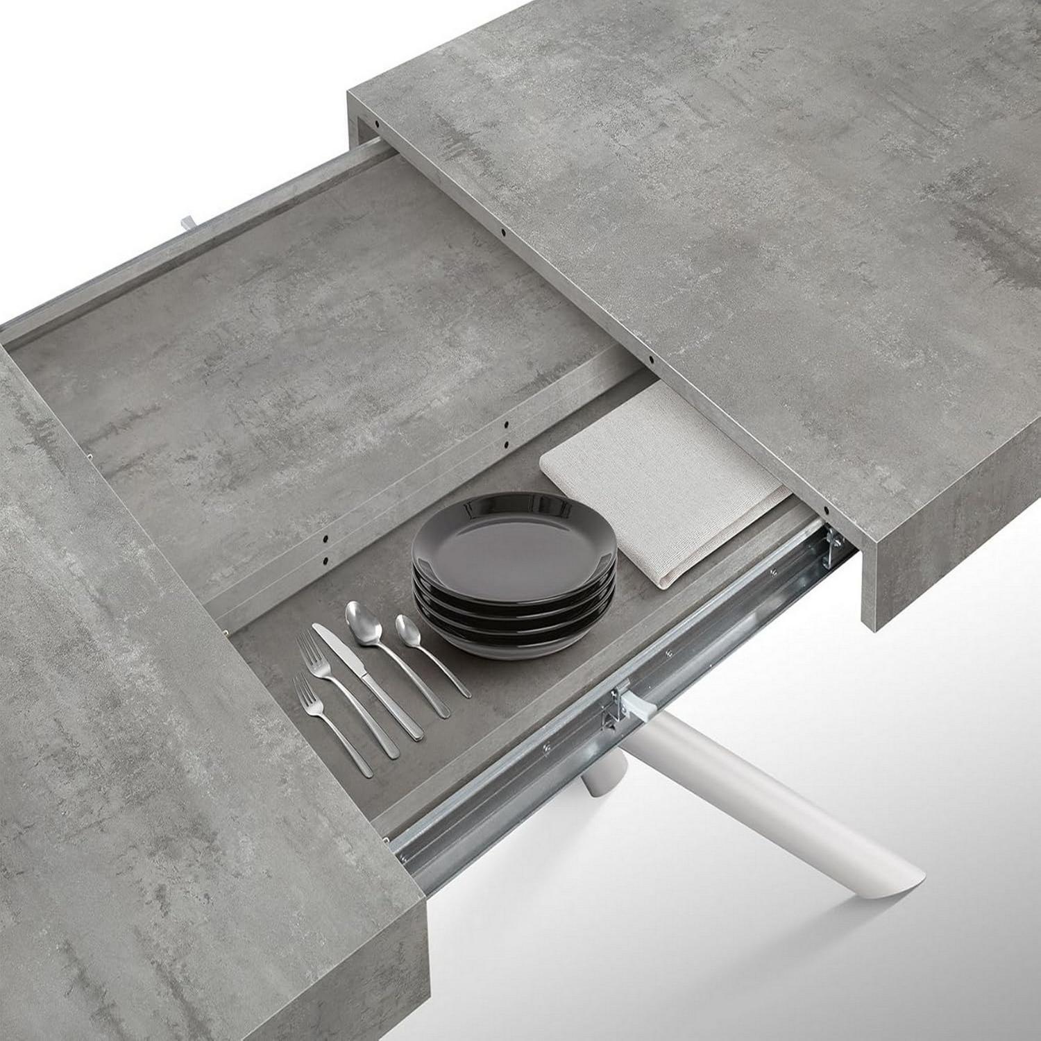 Tavolo CARRARA in legno, finitura grigio cemento e base in metallo verniciato bianco, allungabile 180×90 cm – 260×90 cm